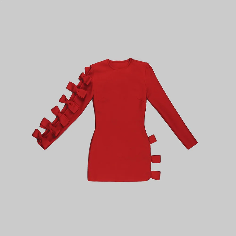 Women Sexy Bandage Dresses Fashion Bow Long Sleeve Clothes Club Party Hollow Out Dresses 240819