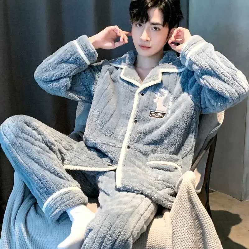 Mens Sleepwear Autumn Warm Sleepwear Set Coral Velvet Hoodie Single Chest Soft Sleepwear New SleepwearW240719