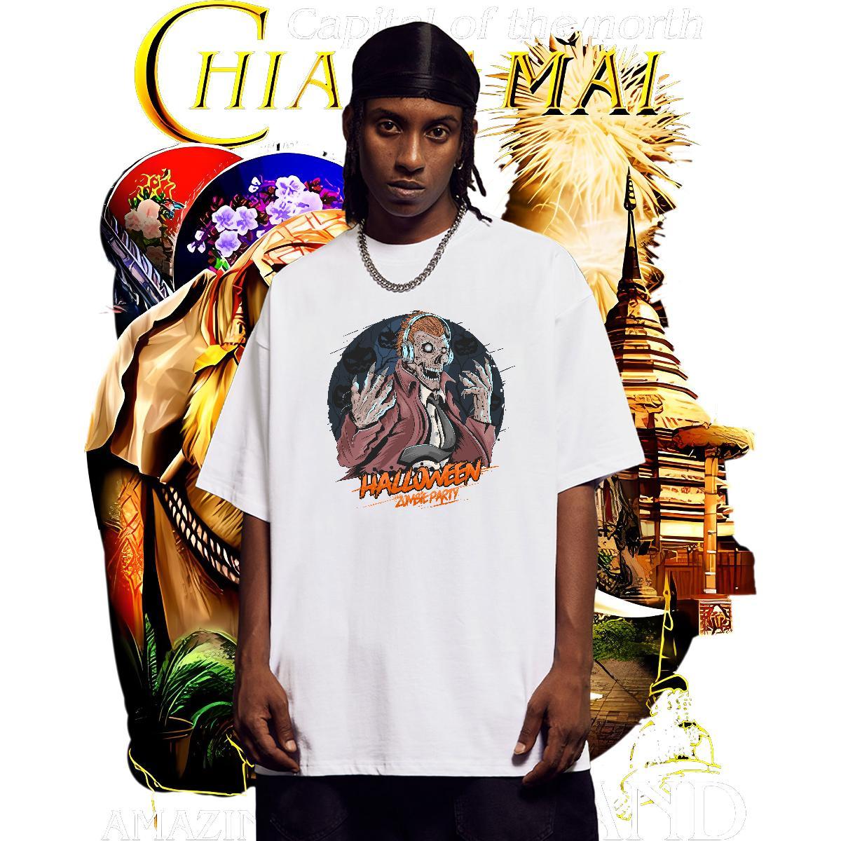 Free Shipping T-Shirts for Men skull Breathable Soft Street wear Hip Hop Floral Print 230g Cotton Tshirts Factory Direct Clothings