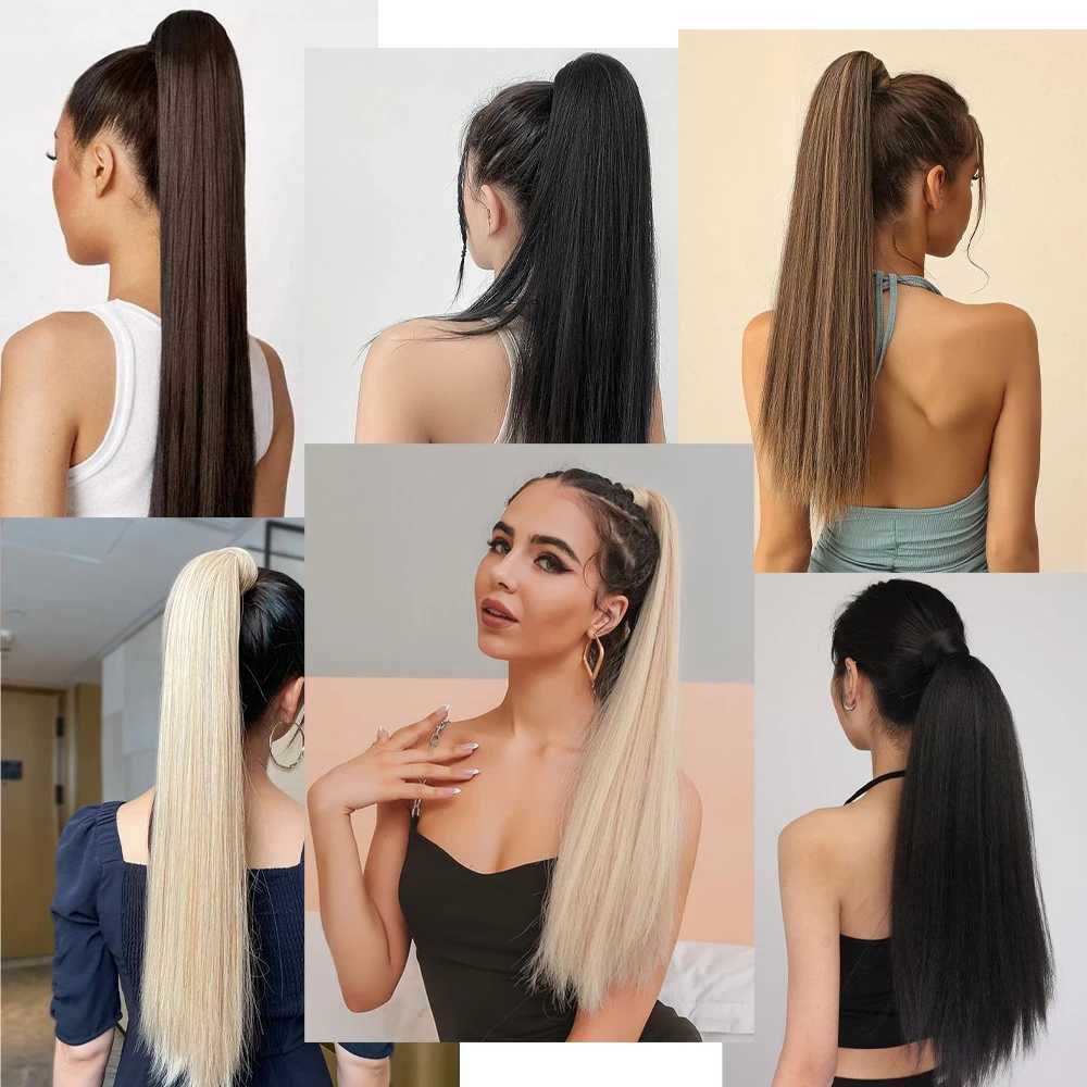 AZQUEEN 24 inch synthetic long straight ponytail hair extension black brown ponytail wig suitable for womens daily wear W240817