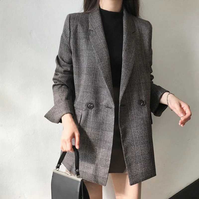 Womens Winter Plain Blazer Jacket Korean Fashion Elegant Solid Thick Double Chest Office Long