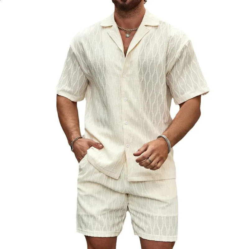 Stylish Mesh Lace See Through Shirts Men Vintage Turn-down Collar Buttoned Shirt 2024 Summer Short Sleeve Mesh Cardigans Set 240819