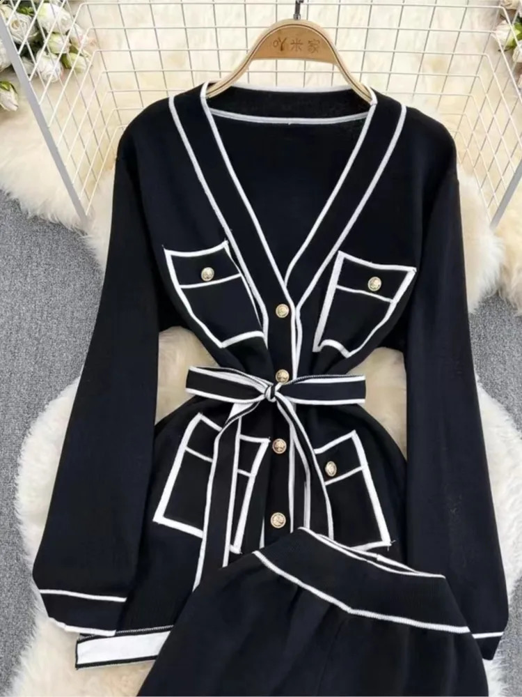 Autumn Knitted 2 Two Piece Set Women Striped Print Korean Ladies Cardigans High Waist Fashion Casual Wide Leg Pants Woman 240819