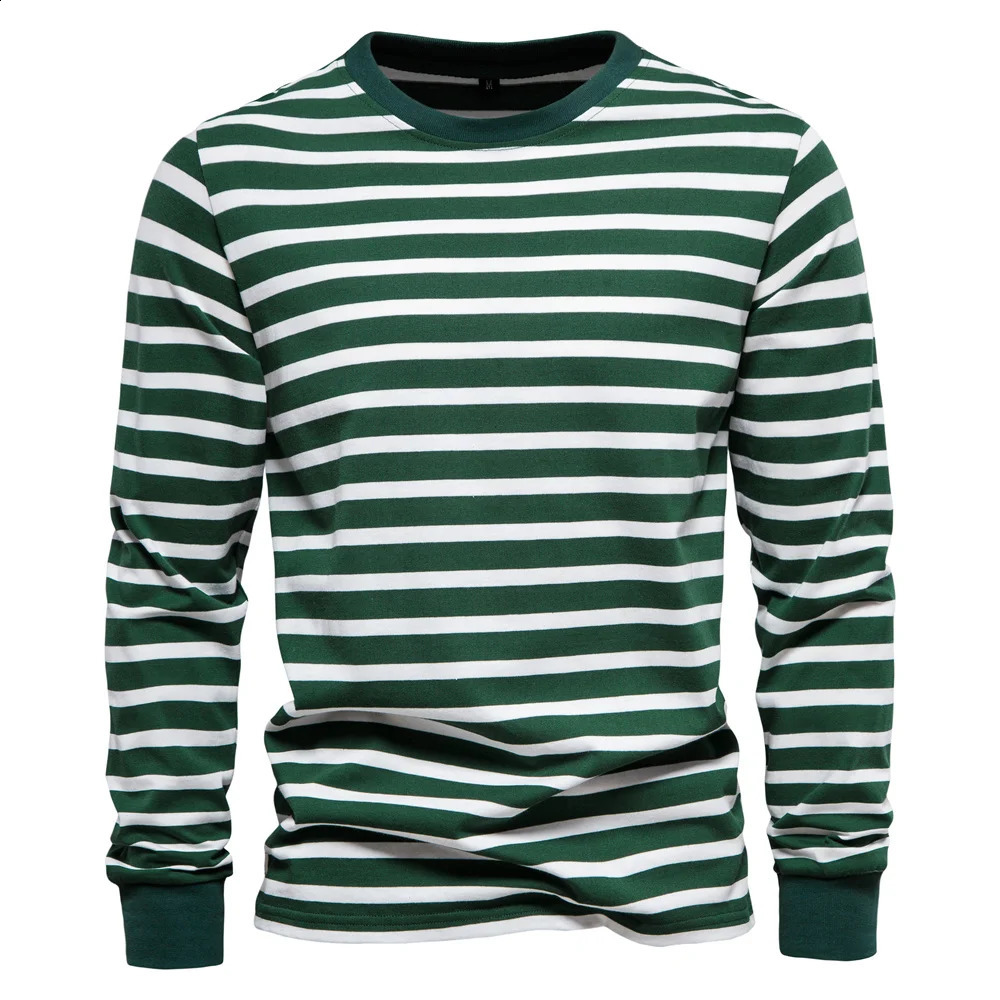 Simplicity Stripe Print T Shirt For Men Fashion Comfortable Cotton Long Sleeve T-shirt Leisure O-neck Pullover Autumn Loose Tops 240820