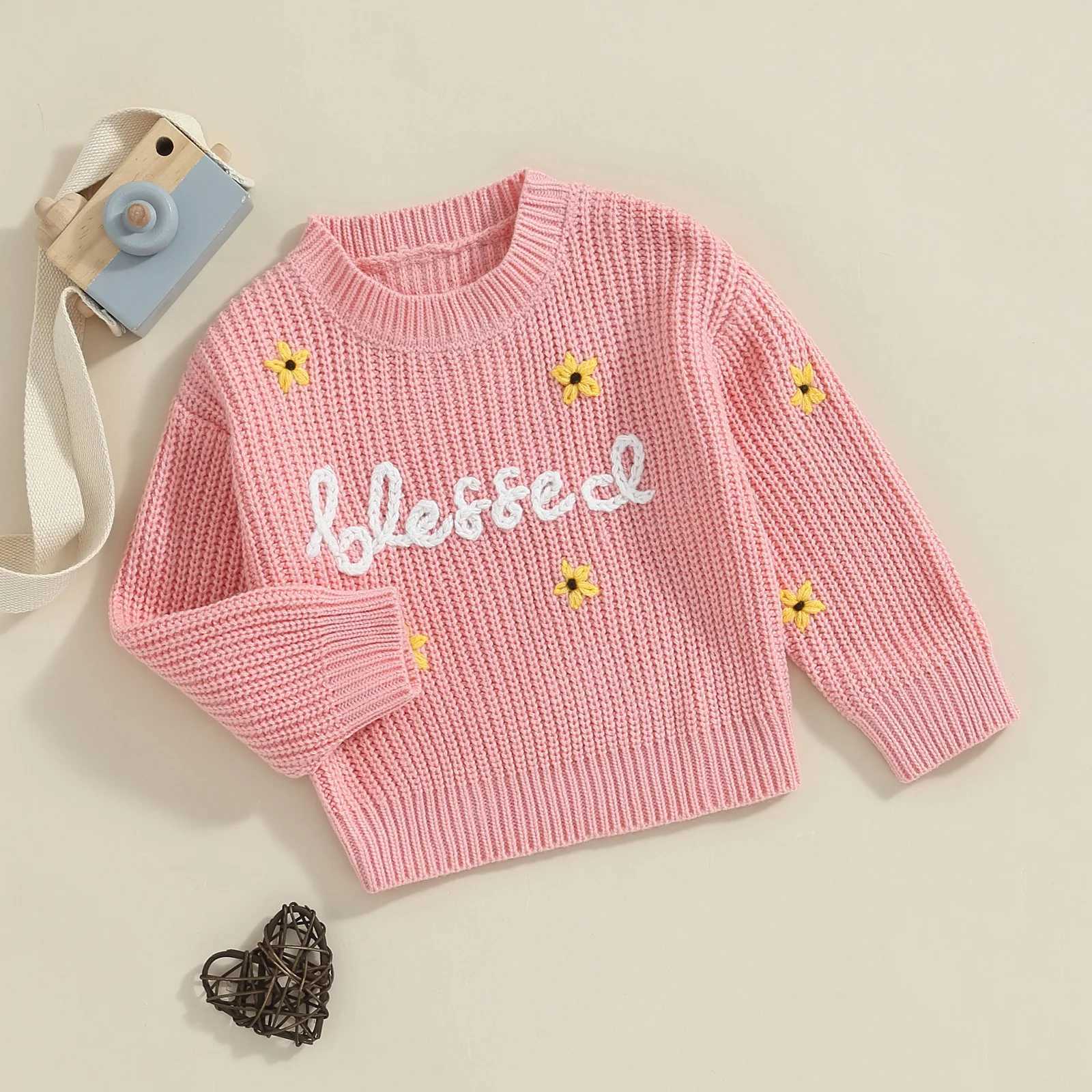 FOCUSNORM 0-3Y Autumn/Winter Girl Sweater 2-Color Long Sleeve Round Neck Flower Letter Embroidered Knitted Pullover Top W240820