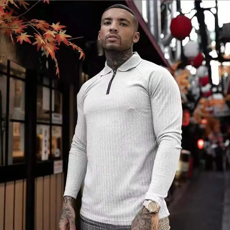 Fashion Long Sleeve Polo Shirt Men Solid Ribbed Printed Casual Lapel Zipper Pullover Tops Slim Men Fitness Polo Shirts 240820