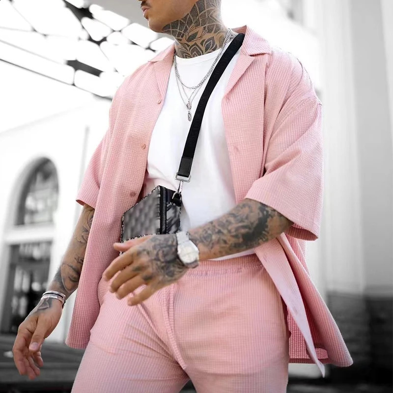 Summer Mens Hip Hop Outfits Short Sleeve Lapel Cardigans And Solid Color Pants Two Piece Suits Men Streetwear Fashion Pink Sets 240819