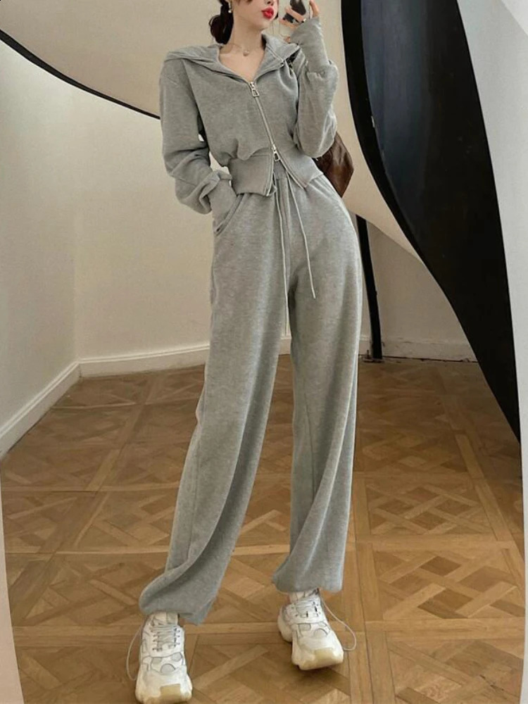 Korean Style Fashion Casual Female Tracksuit Women Two Piece Set Solid Color Hooded Zipper Short Cardigan and Sweat Pants Set 240820
