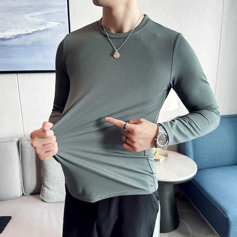 High Elastic T-shirt Men 2023 Autumn New Long Sleeve Round Neck T-shirt Solid Casual Slim Fit White Black T-shirt Men ClothingXJ240819