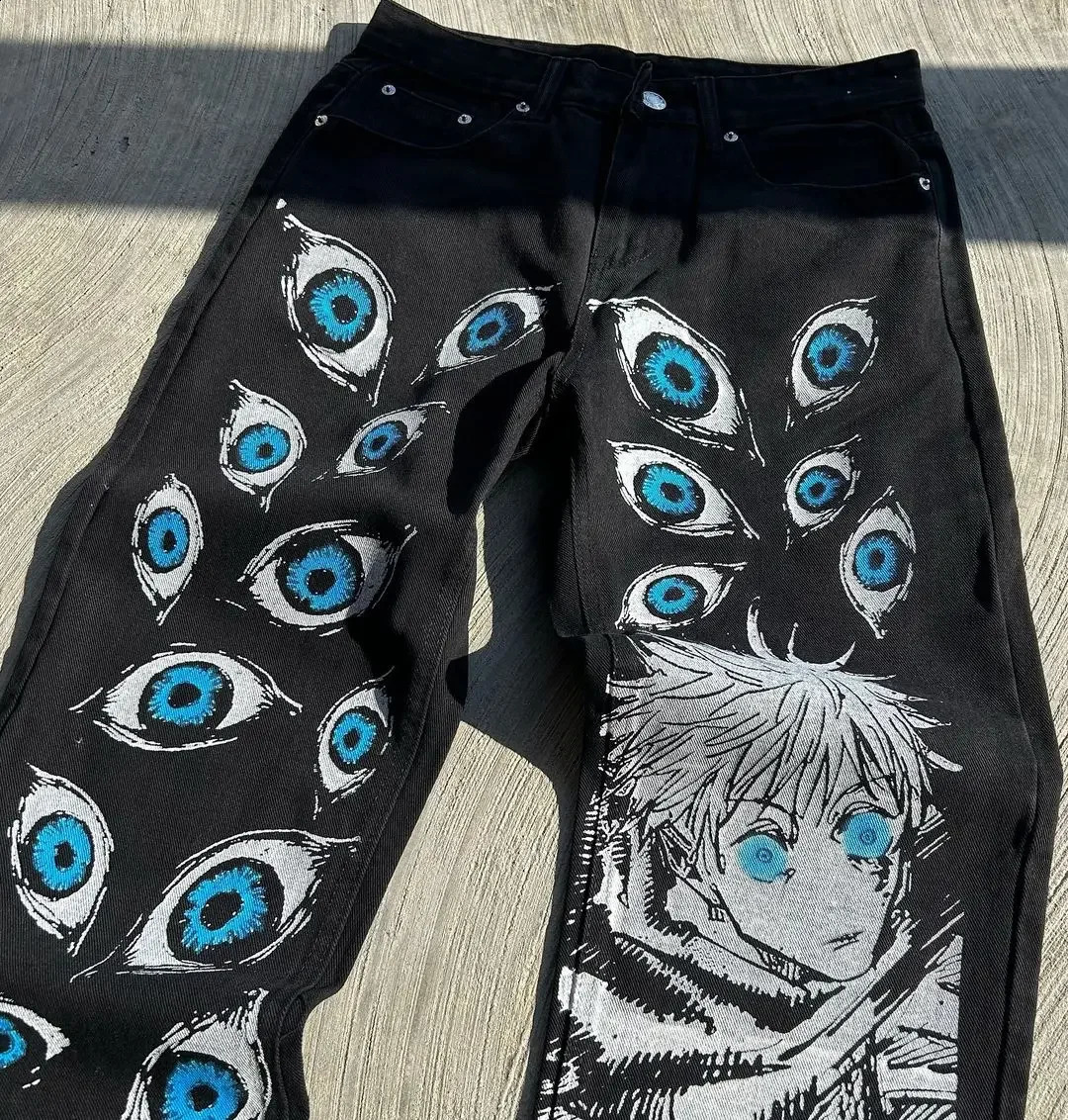 Y2K Street Jeans Japanese Harajuku Hip Hop Pattern Printed Loose Jeans Gothic High Waist Wide Leg Pants for Men and Women 240819
