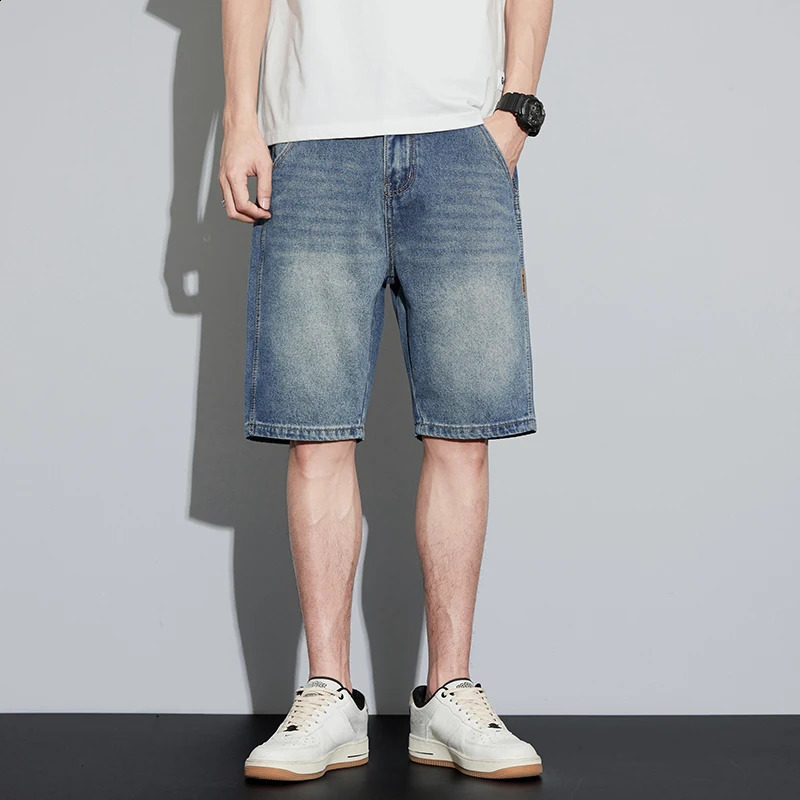 Mens summer shorts denim tight straight blue knee length jeans mens streetwear casual pants 240819