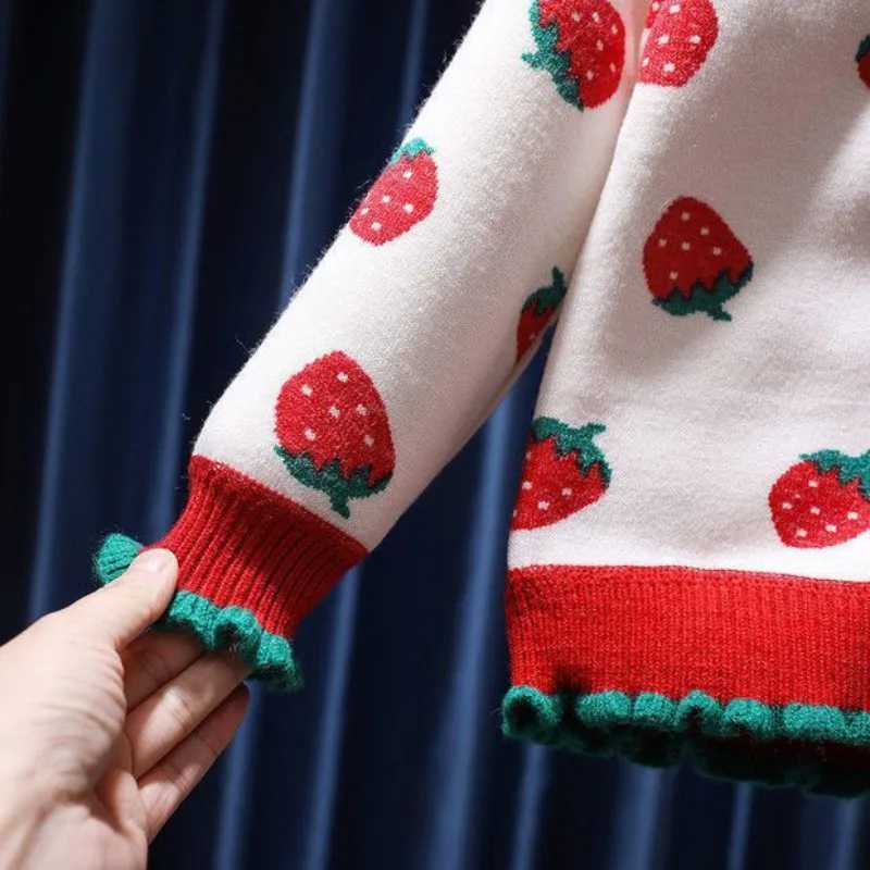 Girls Knitted Cardigan Button V-Neck With Cute Strawberry Jacquard Kids Long Sleeve Knit Cardigan SweaterXJ240819