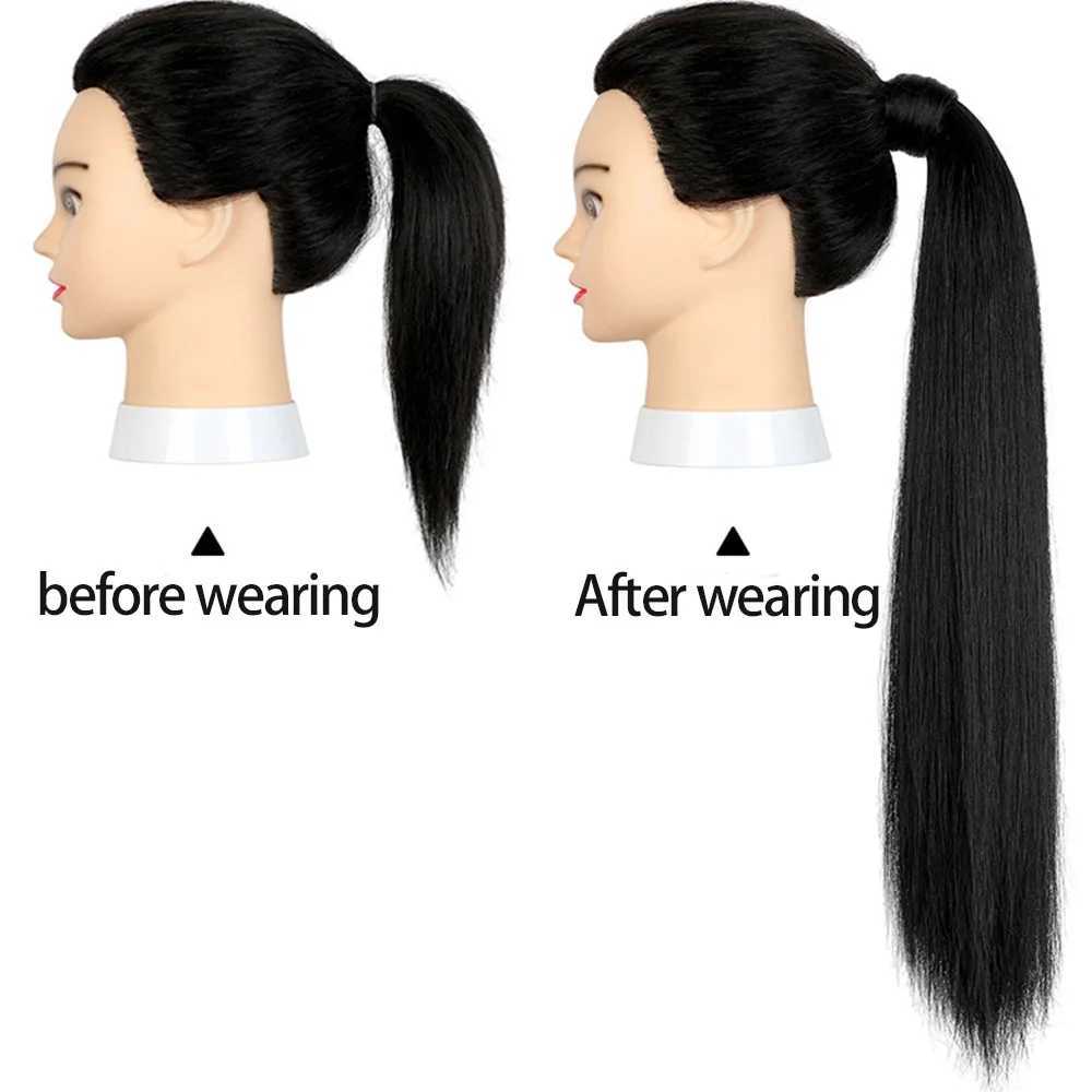 Long straight ponytail extended wig synthetic female hair wrapped around the ponytail W240817