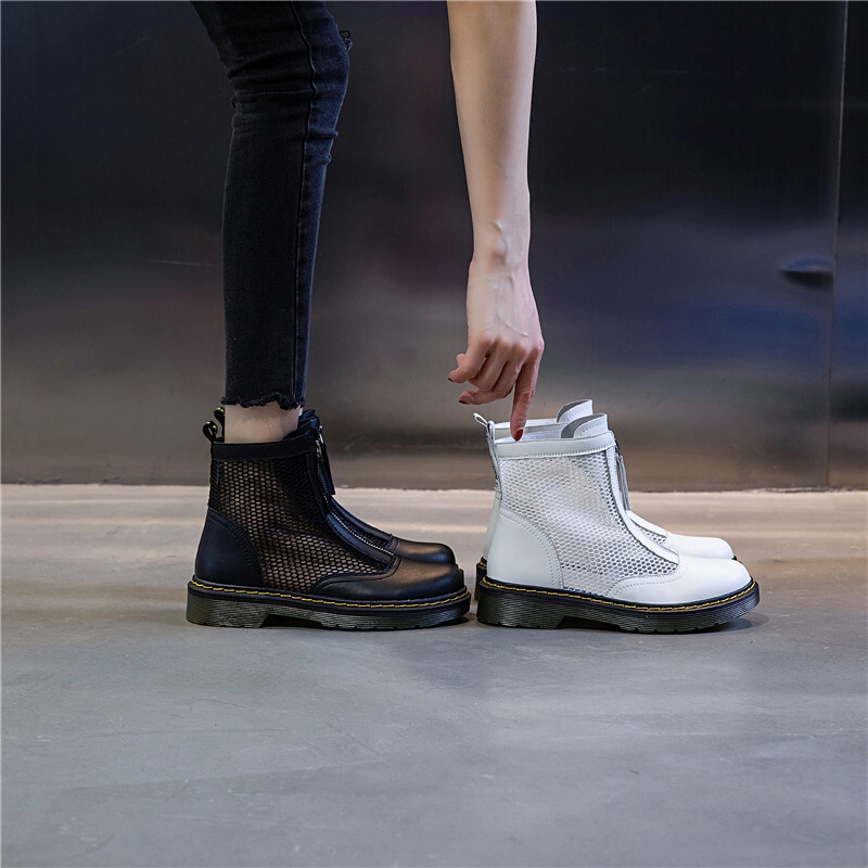 Ddmysports Genuine Leather Martin Summer New Casual Versatile Front Zipper Breathable Mesh Boots For Women S Thick Soles And Mid Length Shoes OUTDOOR