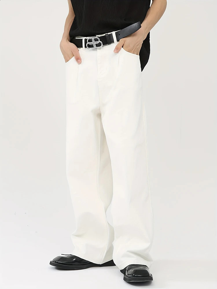 Fashion White Jeans Mens High Street Solid Color Denim Pants Korean Casual Loose Straight Wide Leg Trousers y2k Clothes 2024 240814