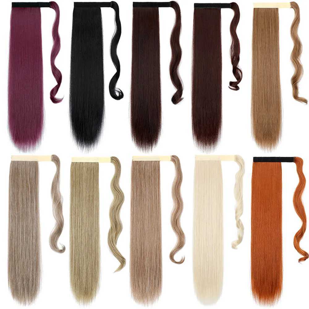 Long straight ponytail extended wig synthetic female hair wrapped around the ponytail W240817