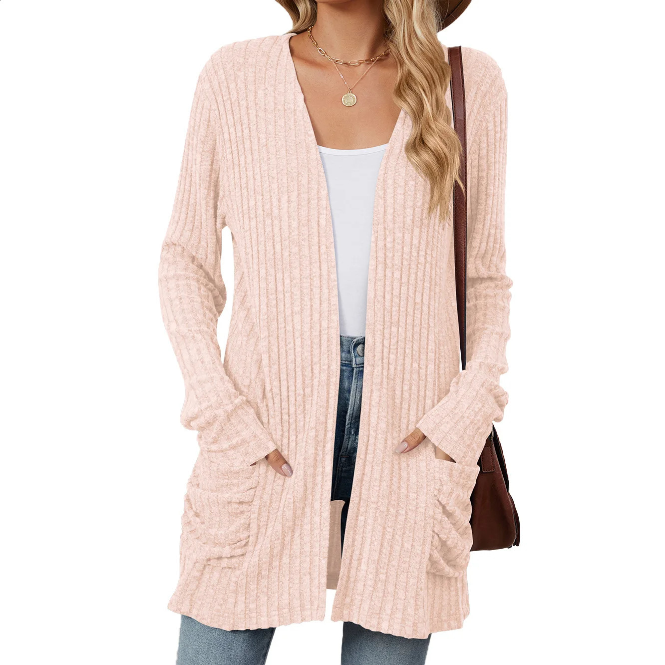 Womens fashionable casual solid cardigan wool sweater pocket knitted top front long sleeved autumnwinter coat 240819