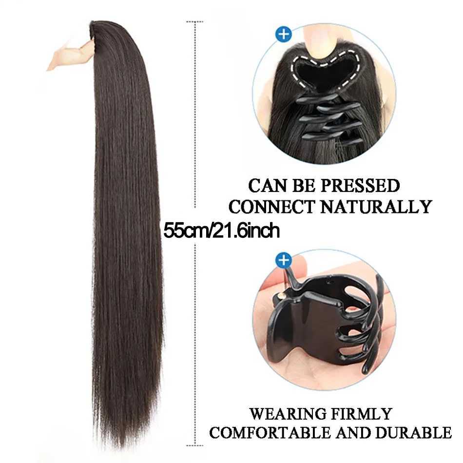 22 inch straight synthetic claw clip ponytail extension brown black synthetic ponytail wig with mini claw clip W240817
