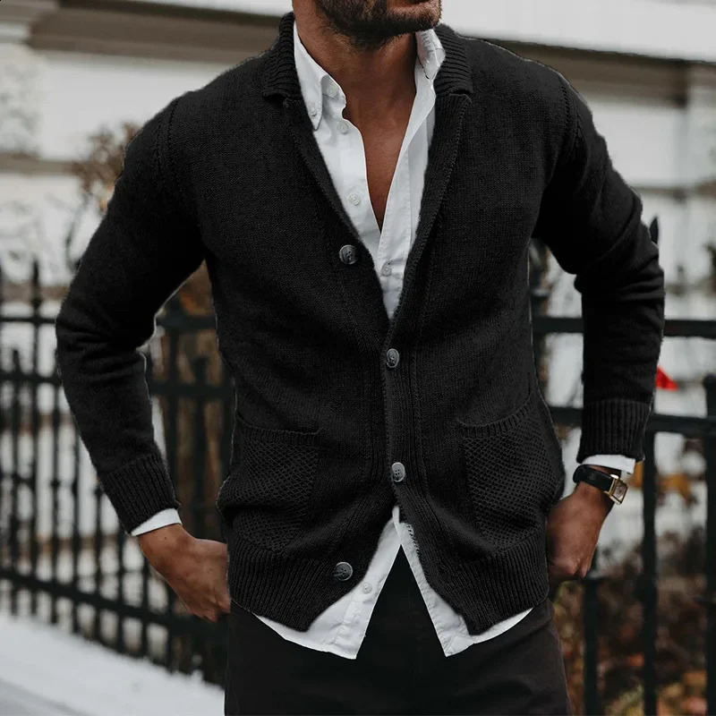 European and American mens autumn winter wool sweater solid color Vneck long sleeved pocket knitted 240819