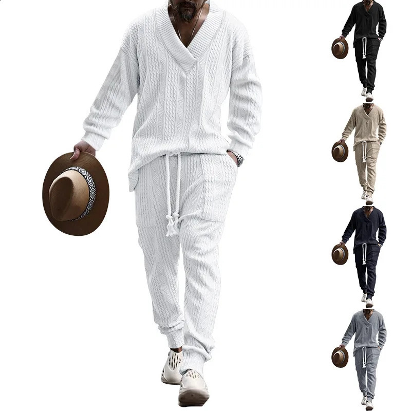 Maxi Mens Outfit Set V-neck Jacquard Knitted Sweater Autumn and Winter Casual Sports Sets for Men 240819