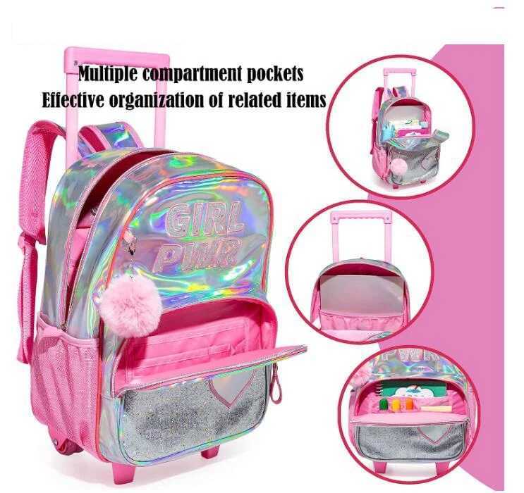 Kids Trolley Backpack and Lunch Bag Set for Girls Sequin Rolling Backpack for Girls Backpack with Wheels Kids Hand Luggage Bag Y240820