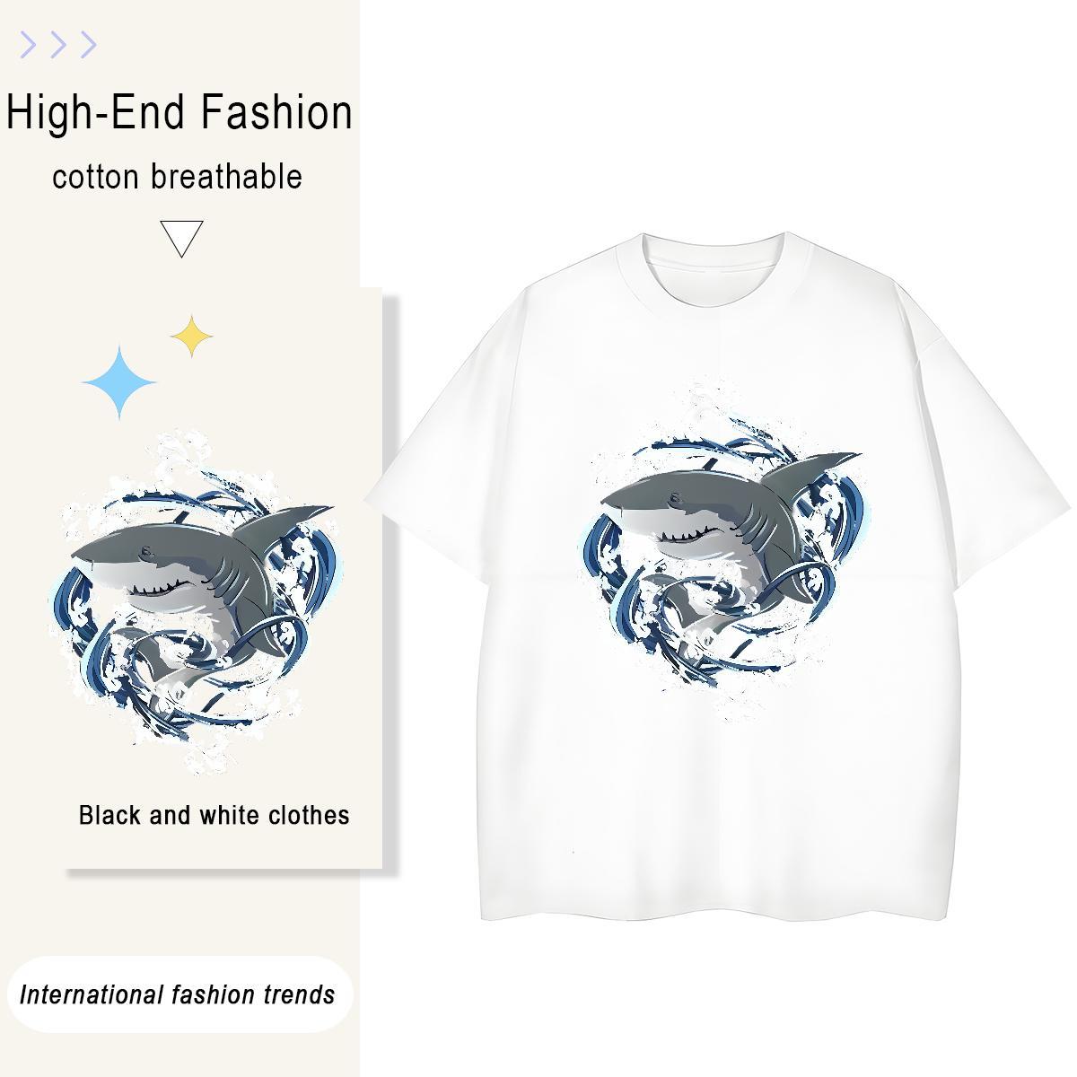 Custom Women Tees Daily Wear Crew Neck Top Tees Loose fit 100% Cotton 230g shark Plus Size Cartoon Women T Shirts