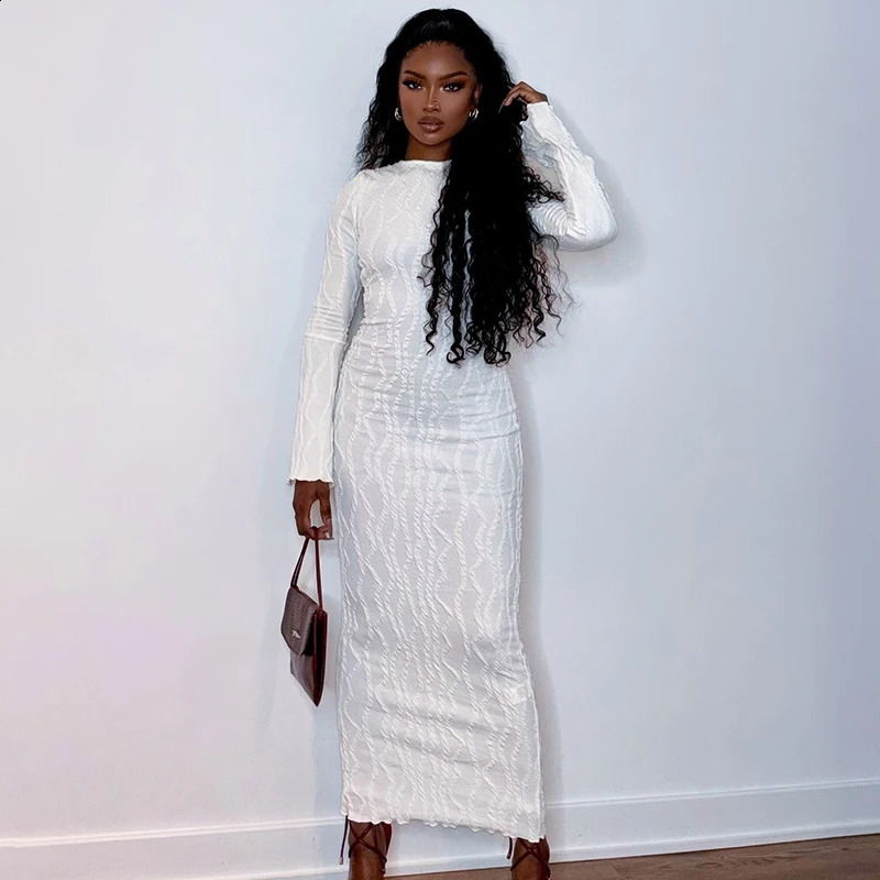 BUILDINGB Women White Elegant Knit Dress Casual Slim Bottom Shirt Full Sleeve Textured Long Autumn Street Dress 240819
