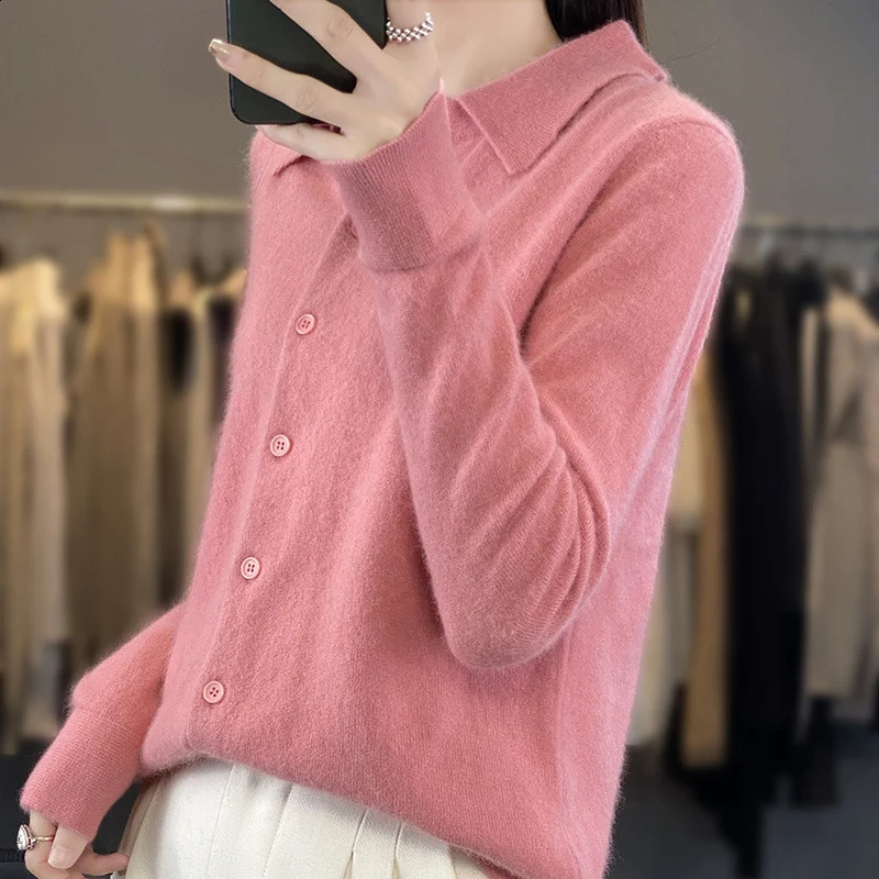Womens mink cashmere cardigan long sleeved top polo neck loose jacket fashionable knitted white XXL spring and summer 240819