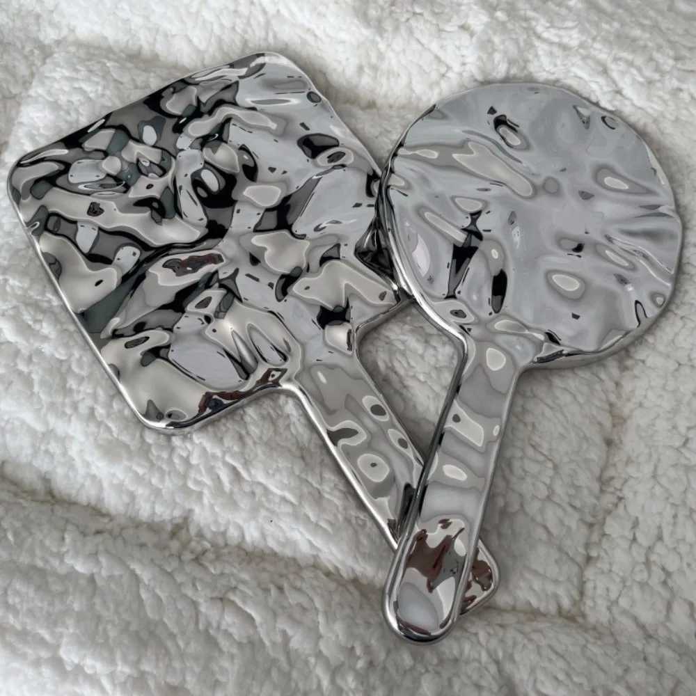 Electroplated Handle Makeup Mirrors HD Beauty Portable Round Hand Square Hand Small Make Up Mirror Y240819