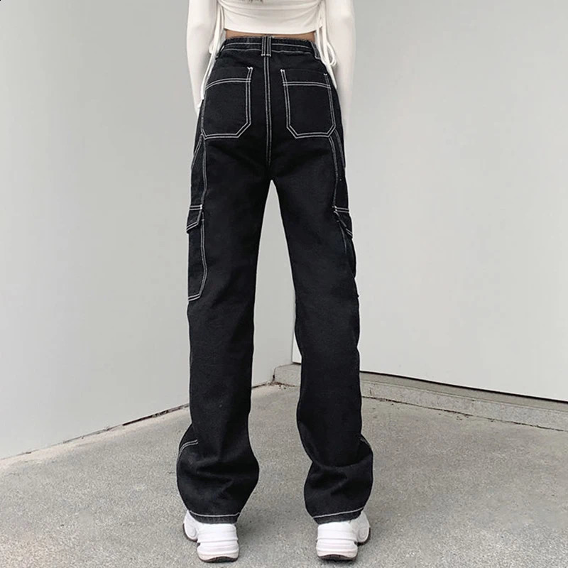 Biyaby Harajuku Pockets Patchwork Baggy Jeans Women Autumn Black Wide Leg Denim Trousers Woman Streetwear Loose Cargo Pants 240820