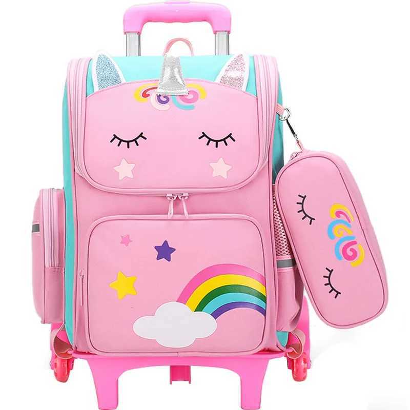 Cartoon Unicorn School Bags Wheeled Backpack for girls Trolley Bag with Wheels Student Kids Rolling Backpack Trolley Bag Y240820
