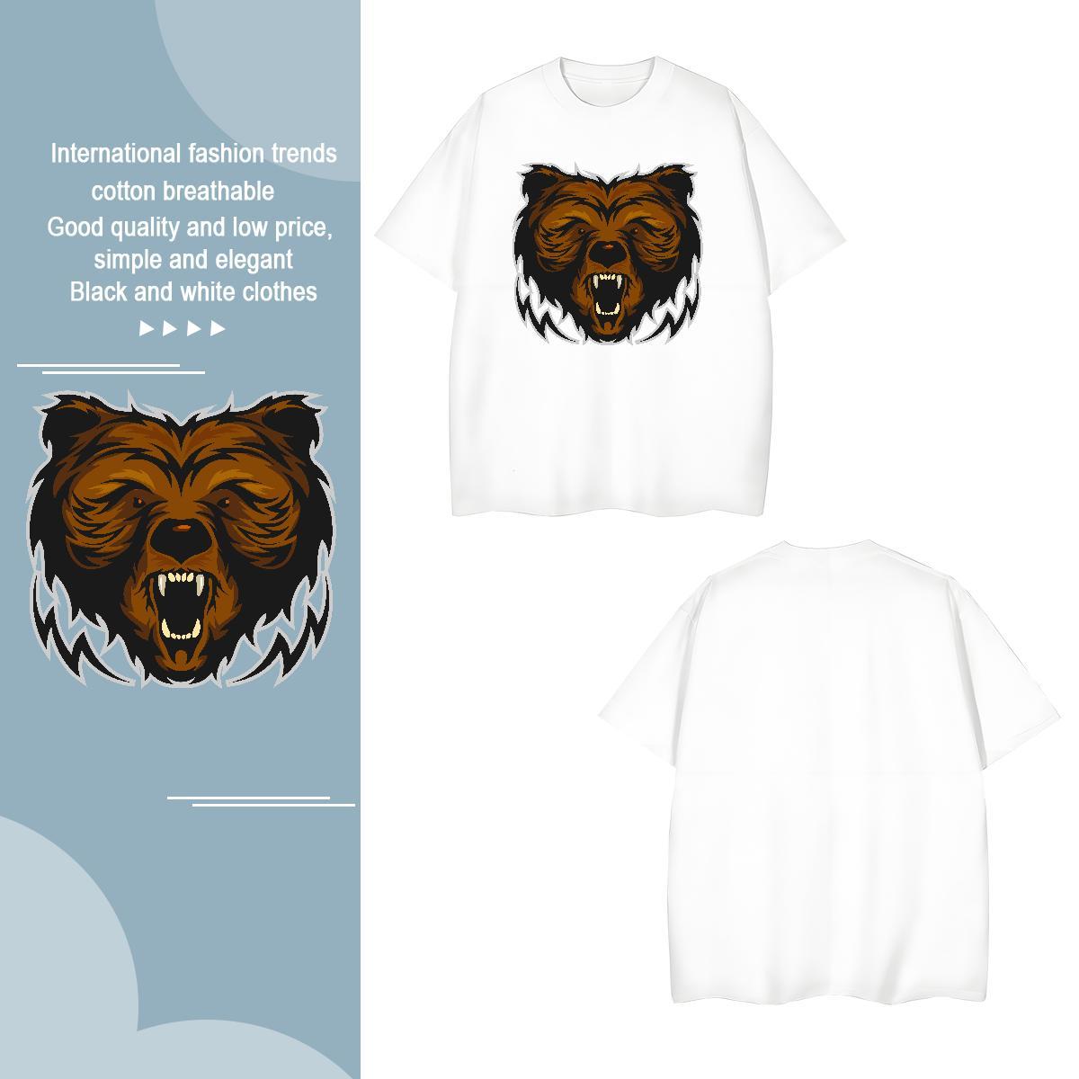 Classic T-Shirts for Men bear Pure Cotton Anime Printing Street Cartoon Print 230g Pure Cotton Men Clothes T-Shirt 2024 Tee Shirt