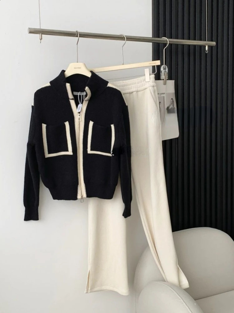 Y2k elegant casual knitted chic jumper double zipper pocket gentle cardigan womens loose stand up collar sweater Japan 240819