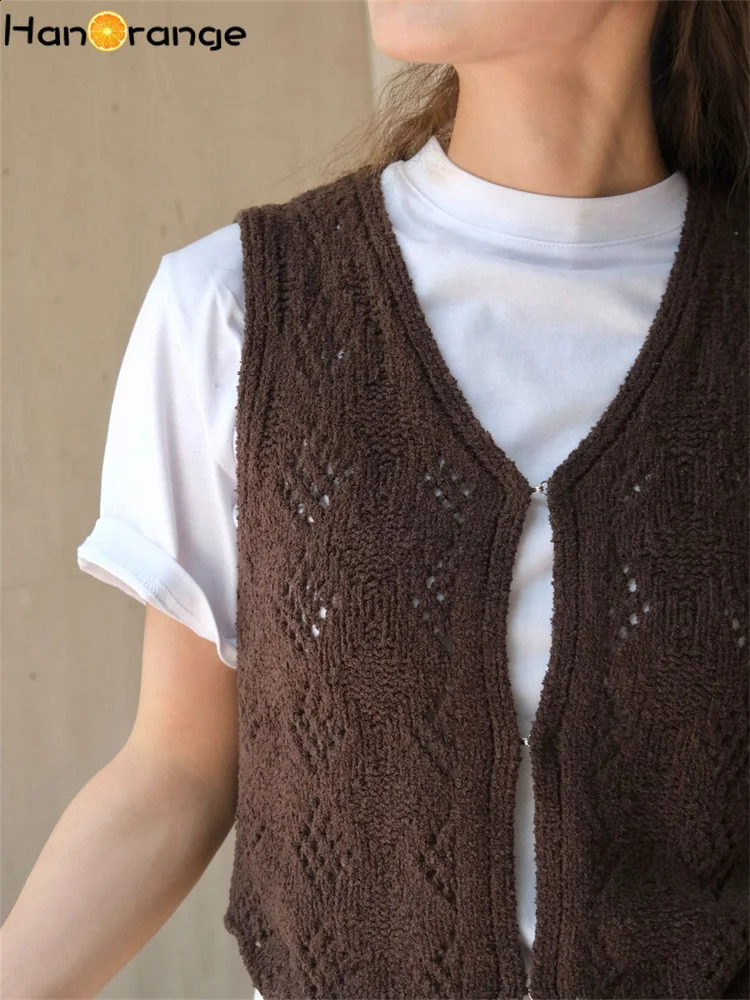 HanOrange Autumn Knight Hollow Diamond Grid Knitted Vest Womens Flexible Sleeveless Sweater Top AlmondCoffee 240819