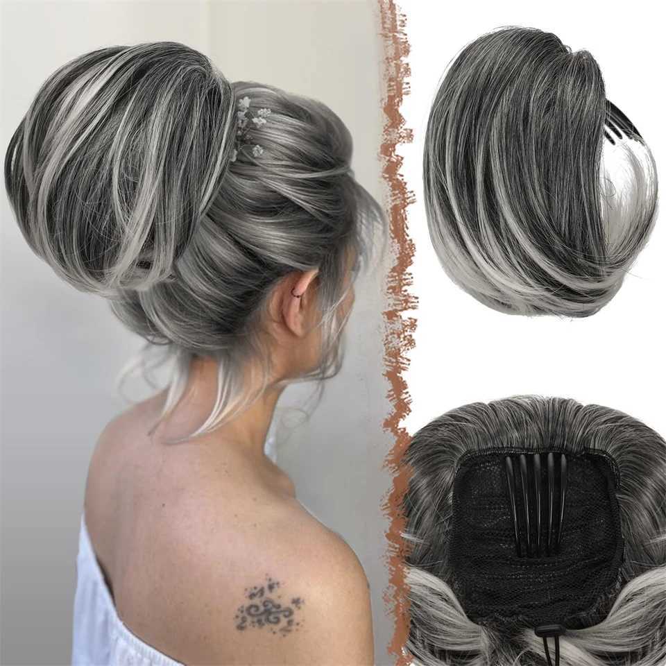 AOSI short ponytail with comb clip brushed synthetic hair extensions gray and white hair extensions ponytail wig W240817