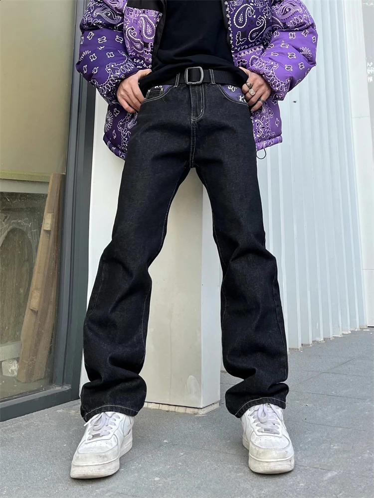 Mens Y2k Jeans Cashew Flowers Purple Streetwear Casual Pants Punk Hip Hop Letter Print Baggy Harajuku Straight Denim Trousers 240819