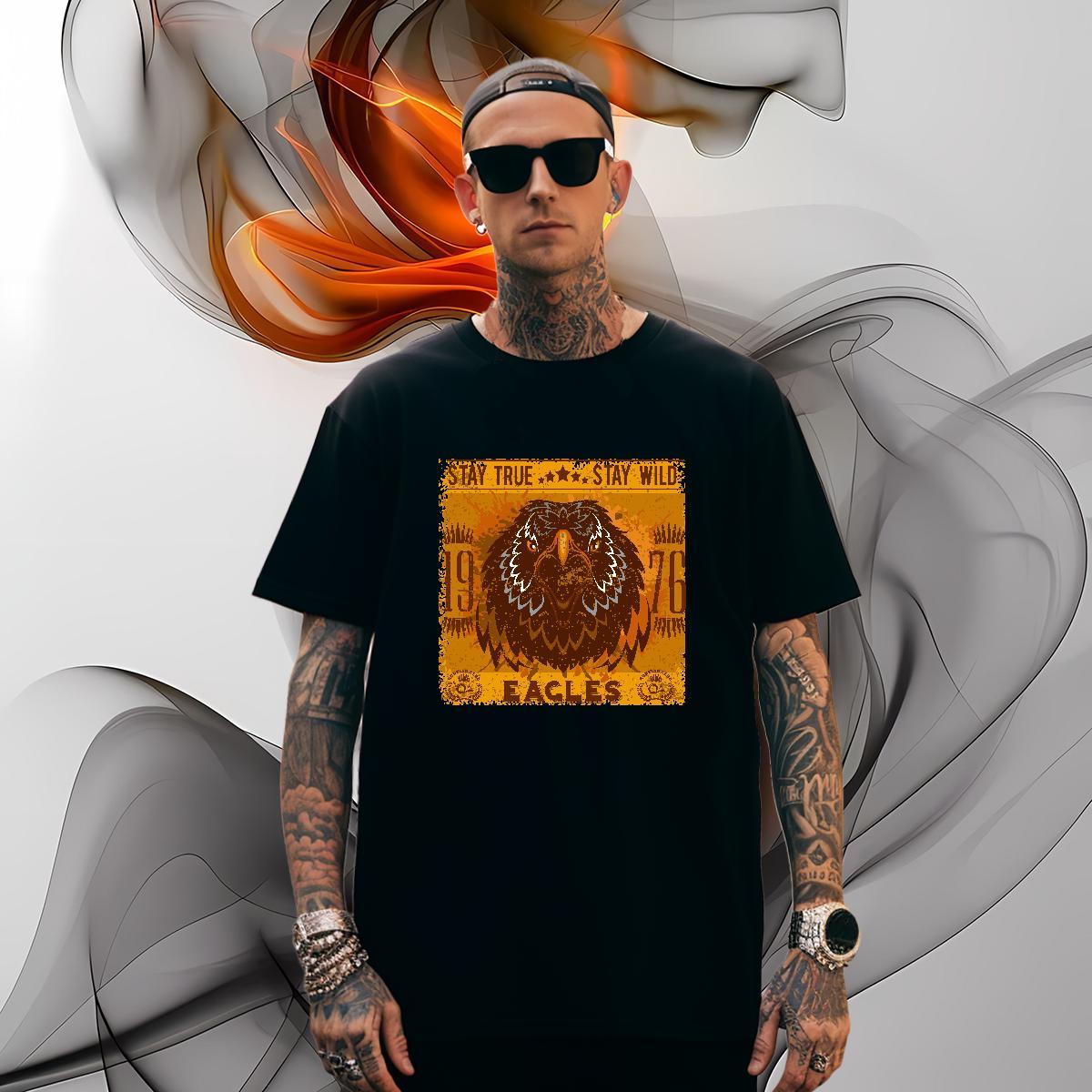 Free Shipping eagle T-Shirts for Men Hip Hop Tshirts 230g Cotton New O-Neck Short Sleeve Black Oversized Tops Shirt