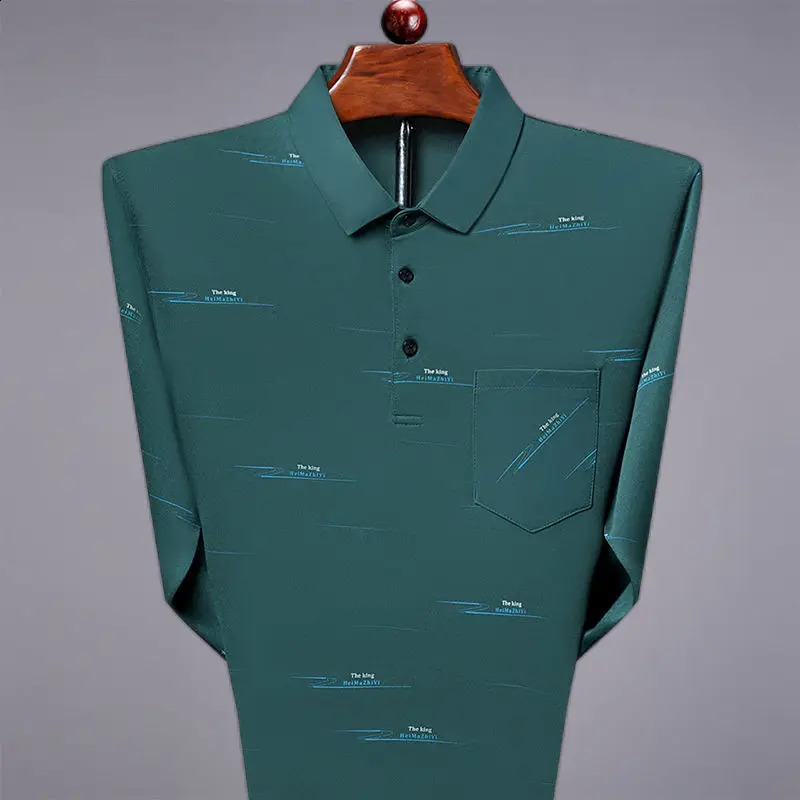 Real Pocket Summer Mens Long Sleeved Lapel with Ice Silk Thin Printed Polo Shirt Loose and Comfortable Casual Bottom Top 240820