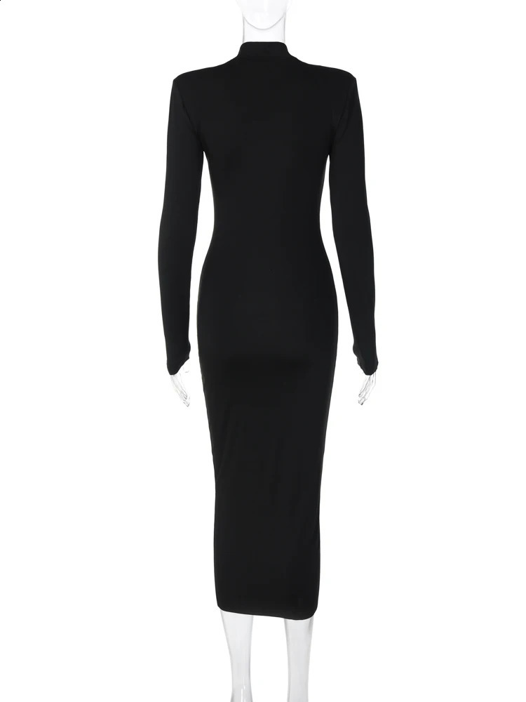 Hugcitar Women Fashion Turtleneck Long Sleeves Black Sexy Bodycon Maxi Prom Dress Fall Casual Streetwear Halloween Costumes 240819