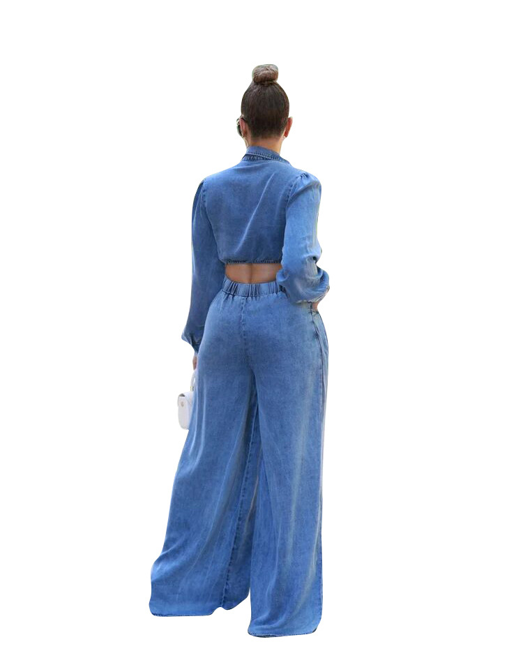 NEW Designer Fall Winter Denim Tracksuits Women Two Piece Sets Long Sleeve Bandage shirt and Wide Leg Pants Casual Outfits Solid Sweatsuits Wholesale 
