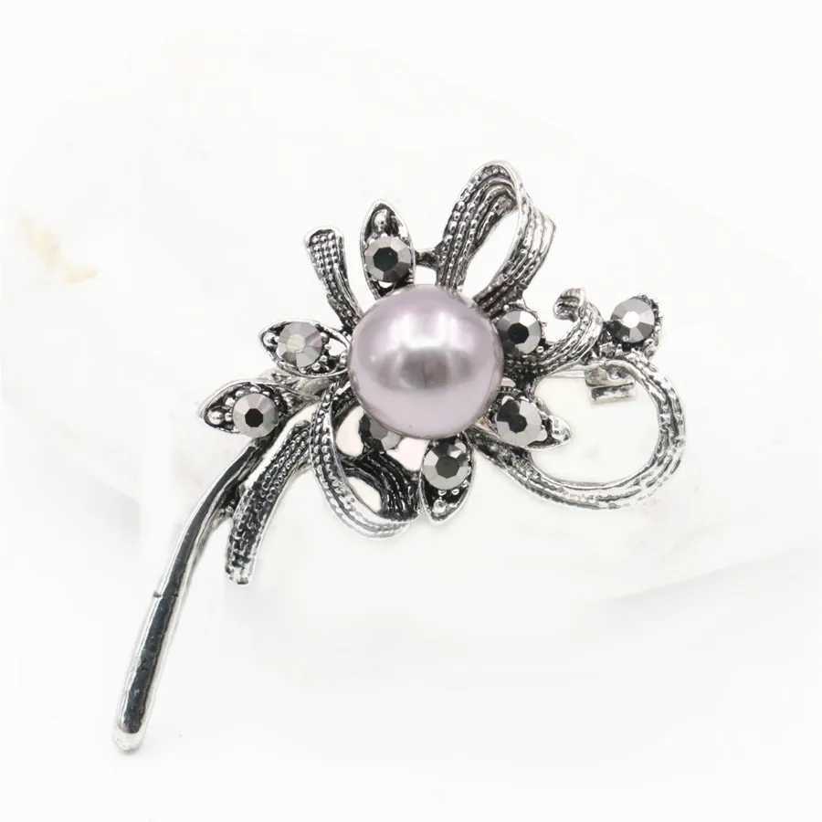 Black rhinestone brooch pearl flower rose leaf moon brooch elegant alloy brooch wedding glass bead crystal W240815