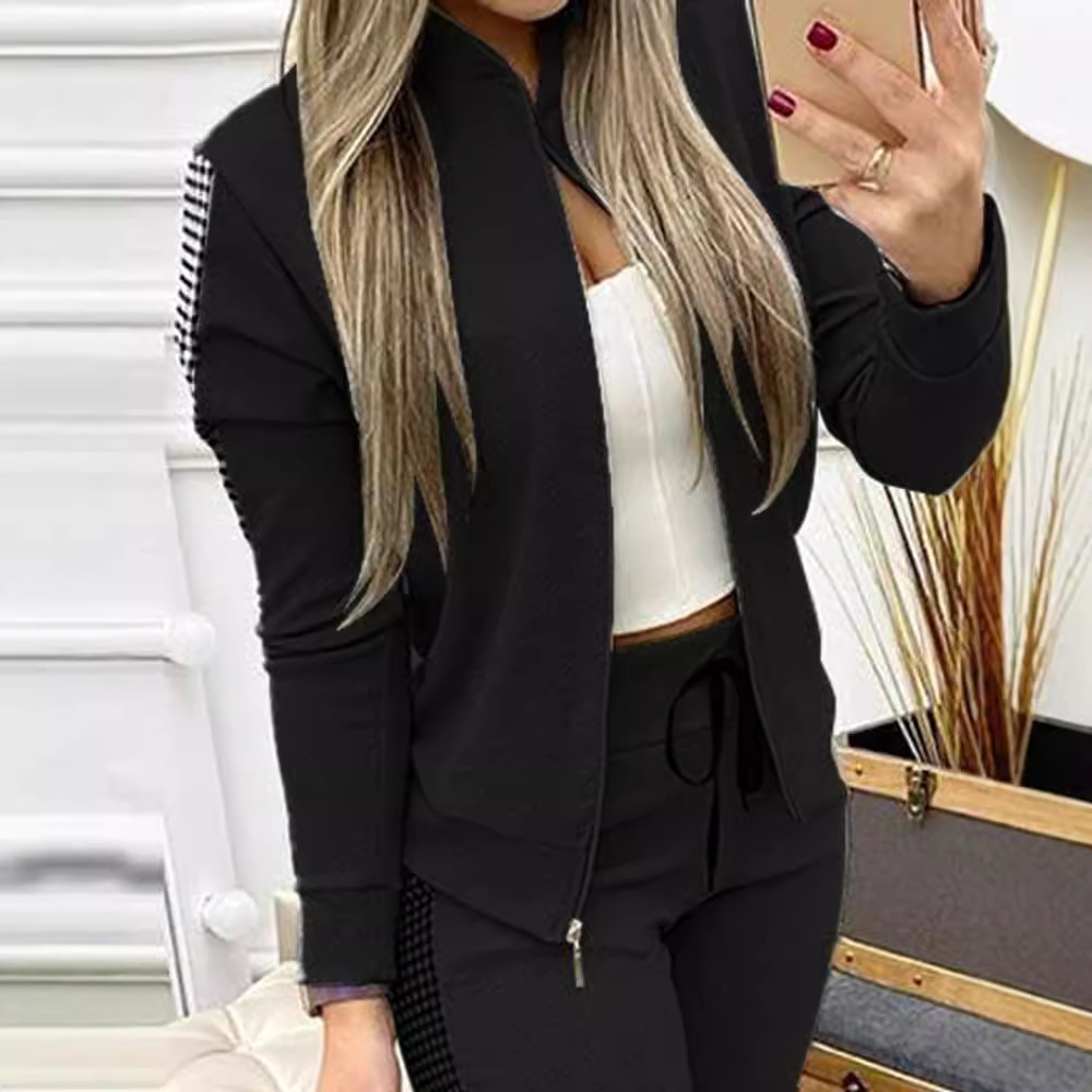 Autumn/winter New Long Style Sports and Leisure Zipper Splicing Grid Set Womens Clothing