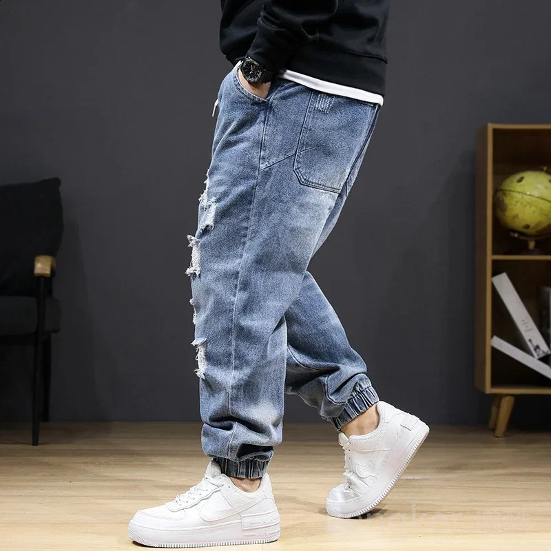 Large size jeans autumn winter section jeans men stretch elastic men high waist plus size hole trousers 8XL 7XL ripped jeans 240819