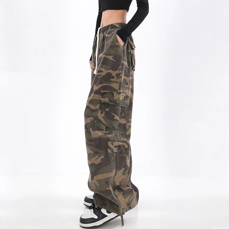 Streetwear Women Oversize Camouflage Cargo Pants Drawstring Elastic Waist Pockets Spring Autumn Vintage Fashion Casual Trousers Z260314