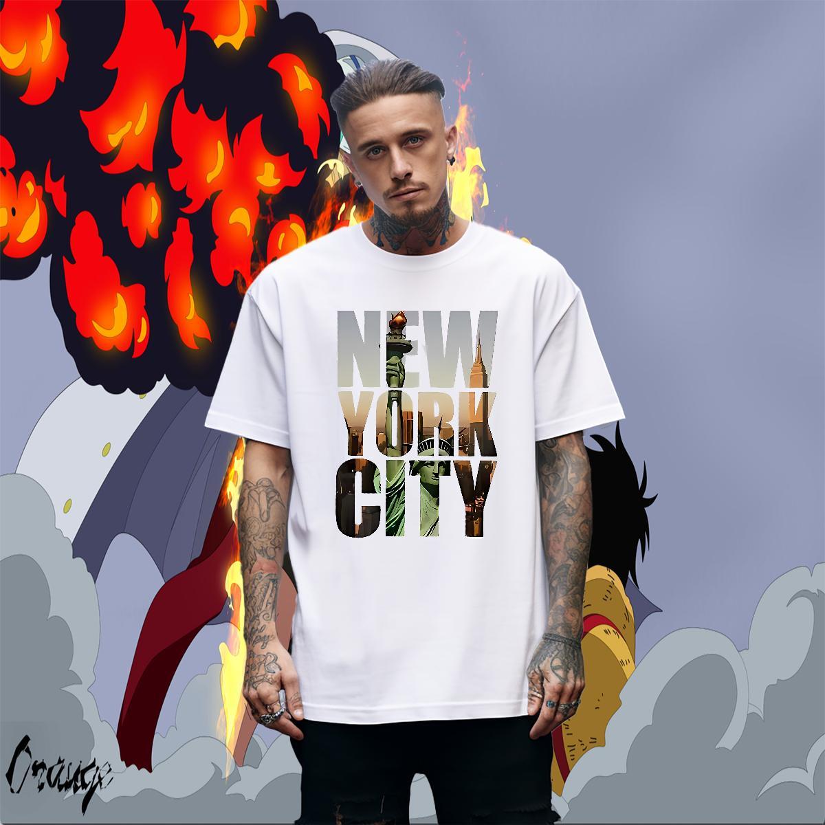 Loose Men Tshirts Anime Printing Street 230g Cotton Black Oversized Breathable Short Sleeve New York T shirt 2024 Tops Tees