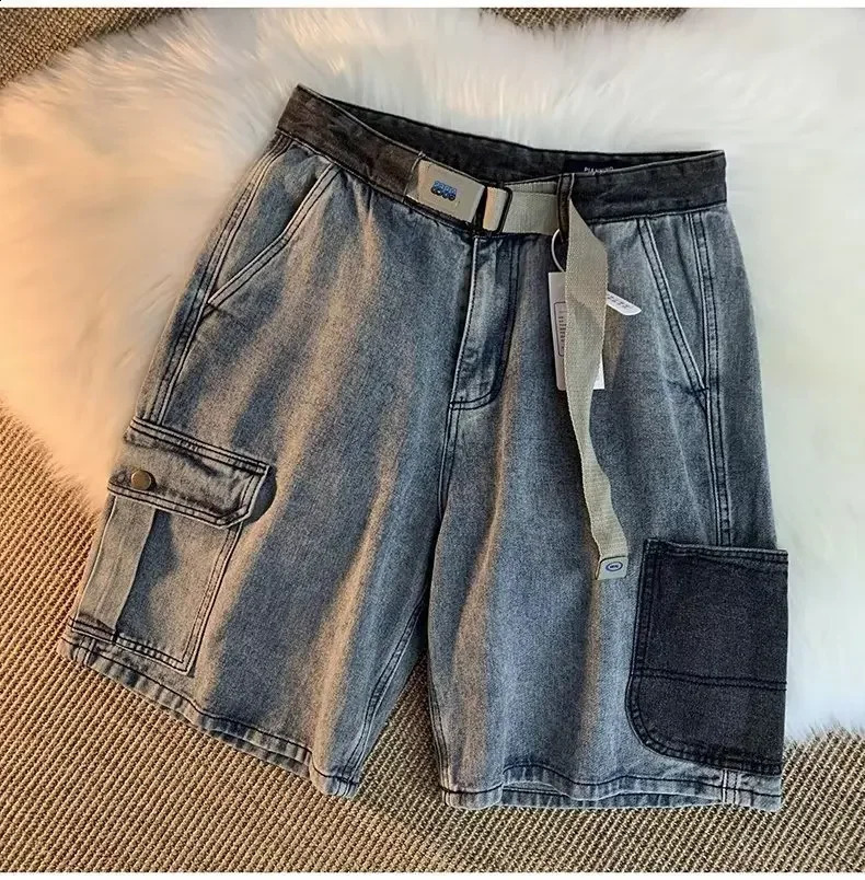 Japanese retro loose denim shorts suitable for womens summer trendy street style casual functional multi pocket cargo pants 240819
