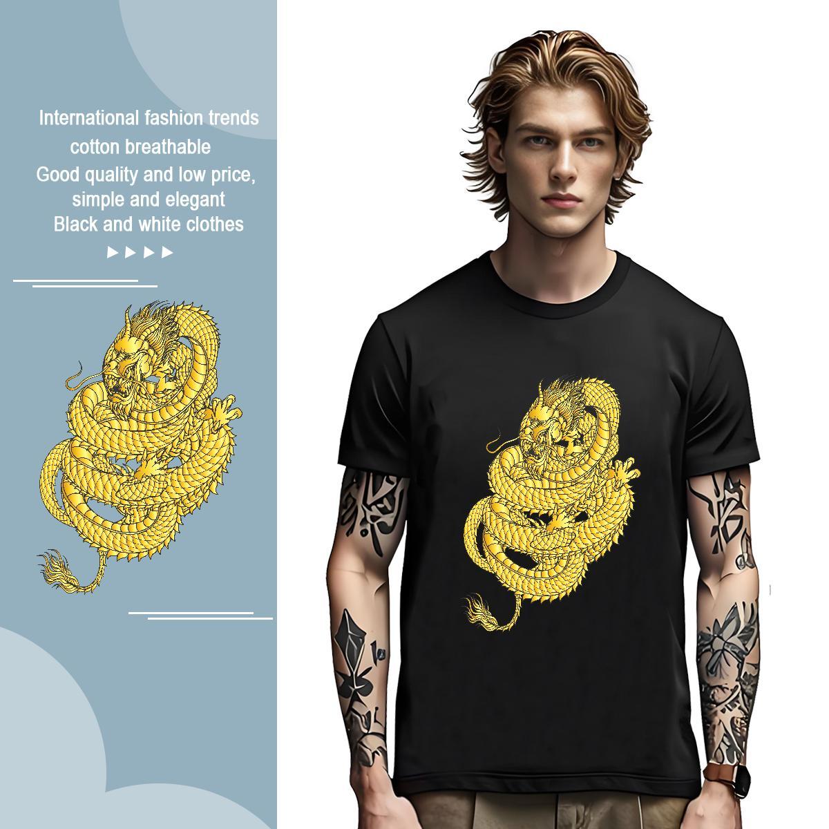 T Shirts Men 230g Cotton dragon Spring Summer Breathable Short Sleeve Customized Print Men Clothes T-Shirt 2024 Classic Tops