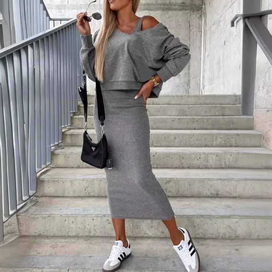 Women Autumn Two Piece Sets Dress Elegant Sexy V Neck Long Sleeve Sweatshirts And Long Dress Female solid color outfit set 240823