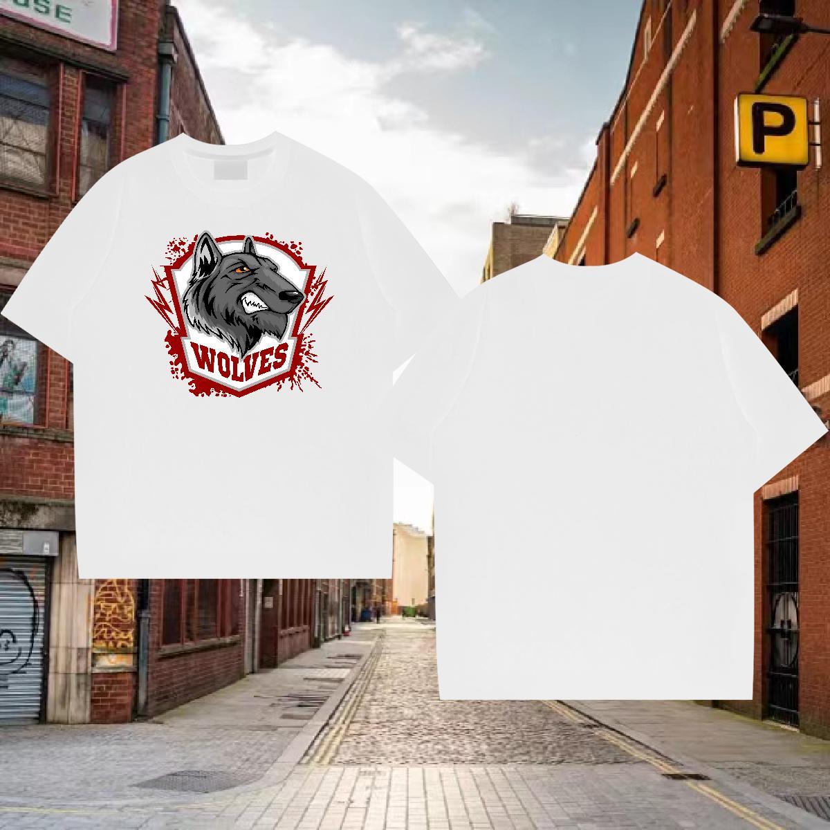 Loose Fit T Shirt For Man wolf Short Sleeve O-Neck Beach Cartoon Print 230g 100% Cotton Tshirts Stylist Polos