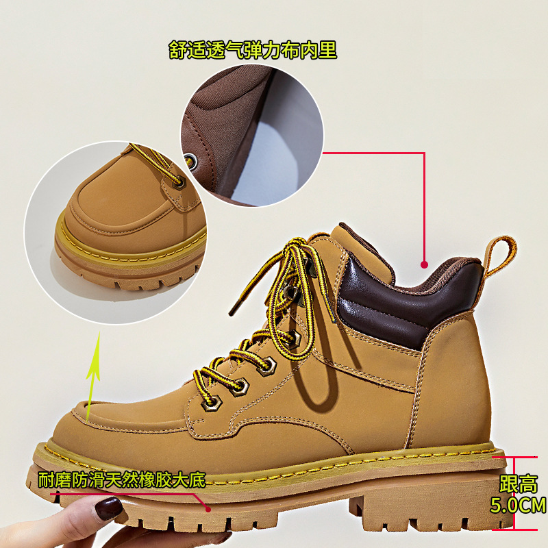 Ddmysports Genuine Leather Yellow Autumn New Soles Thick Heels Thin And Short Casual Martin Boots Fashionable Women S OUTDOOR